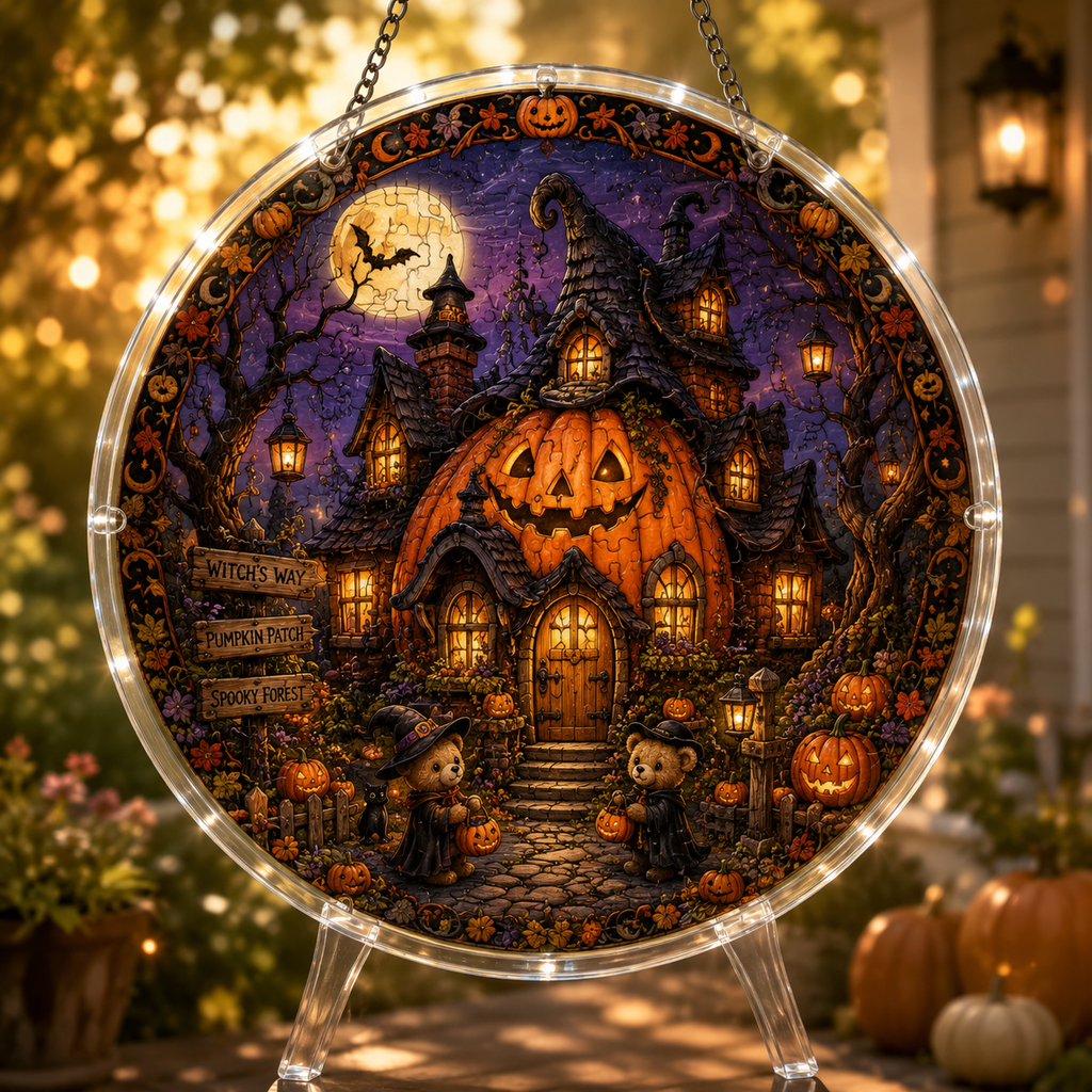 Halloween Acrylic Jigsaw Puzzle Suncatcher - Giant Pumpkin Cottage