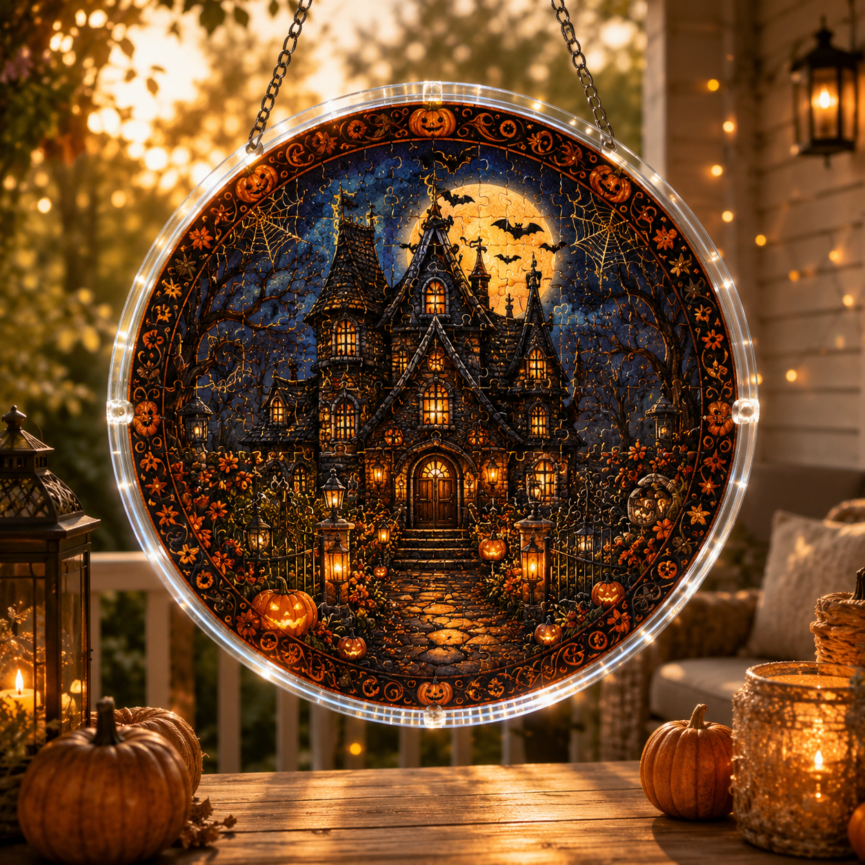 Halloween Acrylic Jigsaw Puzzle Suncatcher - Moonlit Pumpkin Manor