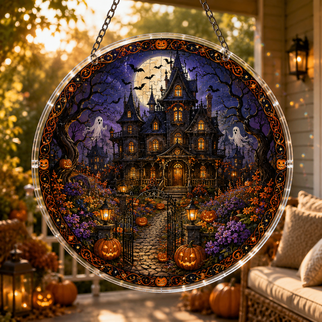 Halloween Acrylic Jigsaw Puzzle Suncatcher - Gothic Manor Path