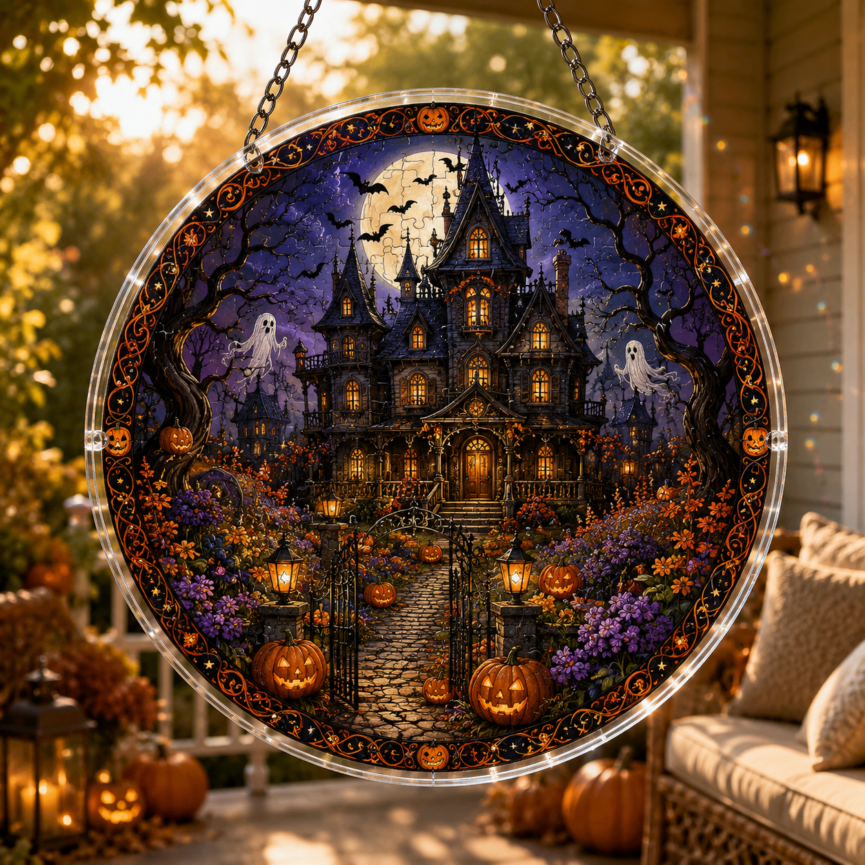 Halloween Acrylic Jigsaw Puzzle Suncatcher - Gothic Manor Path