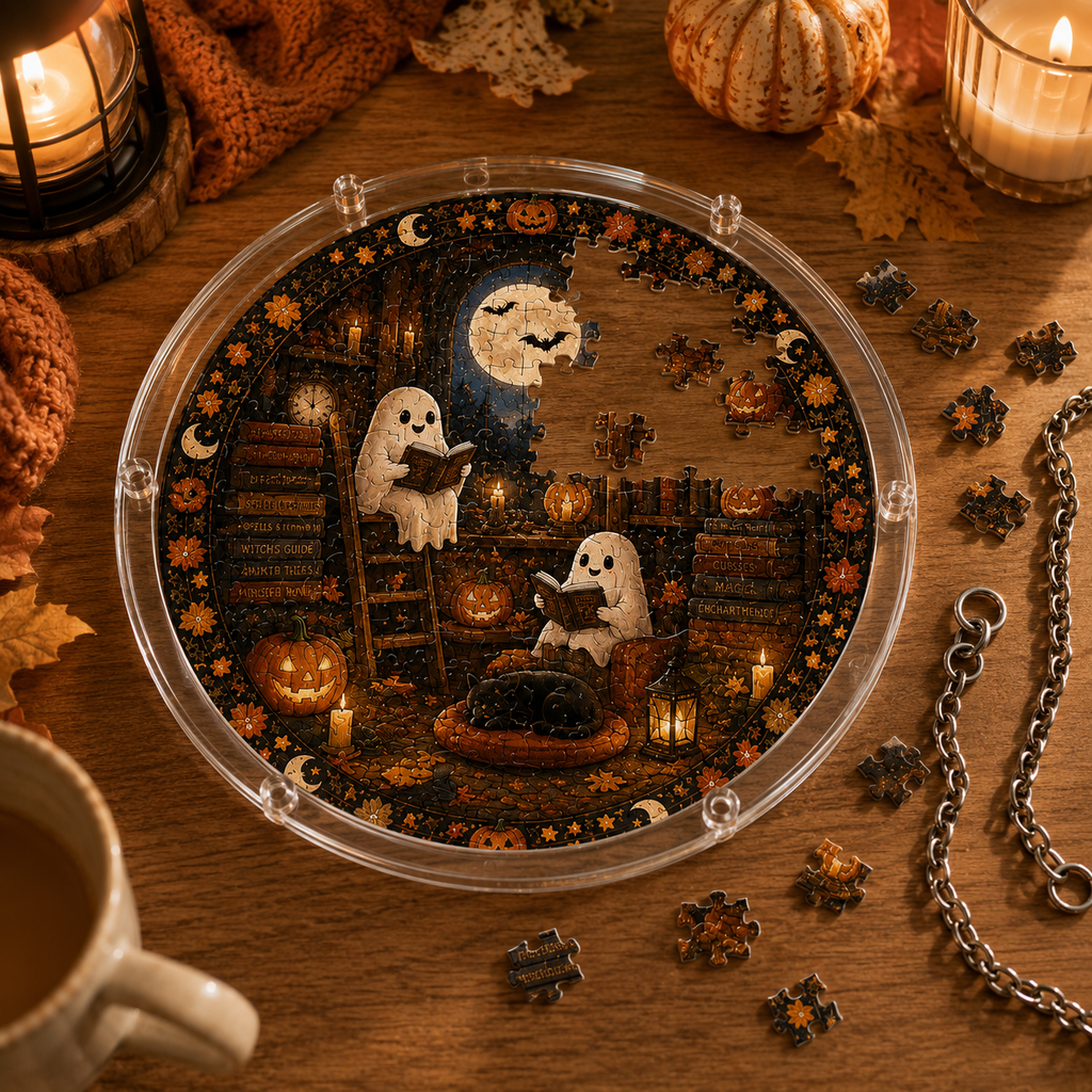 Halloween Acrylic Jigsaw Puzzle Suncatcher - Ghost Library