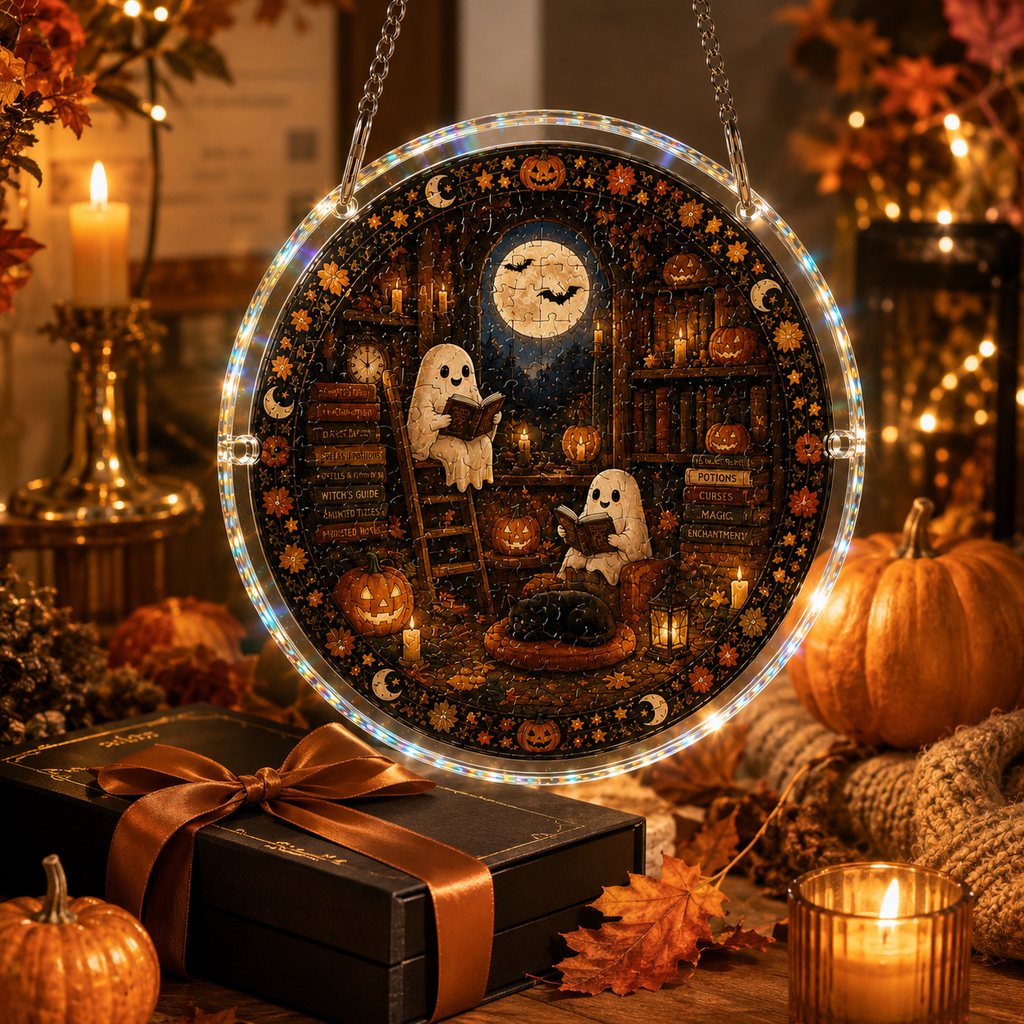 Halloween Acrylic Jigsaw Puzzle Suncatcher - Ghost Library
