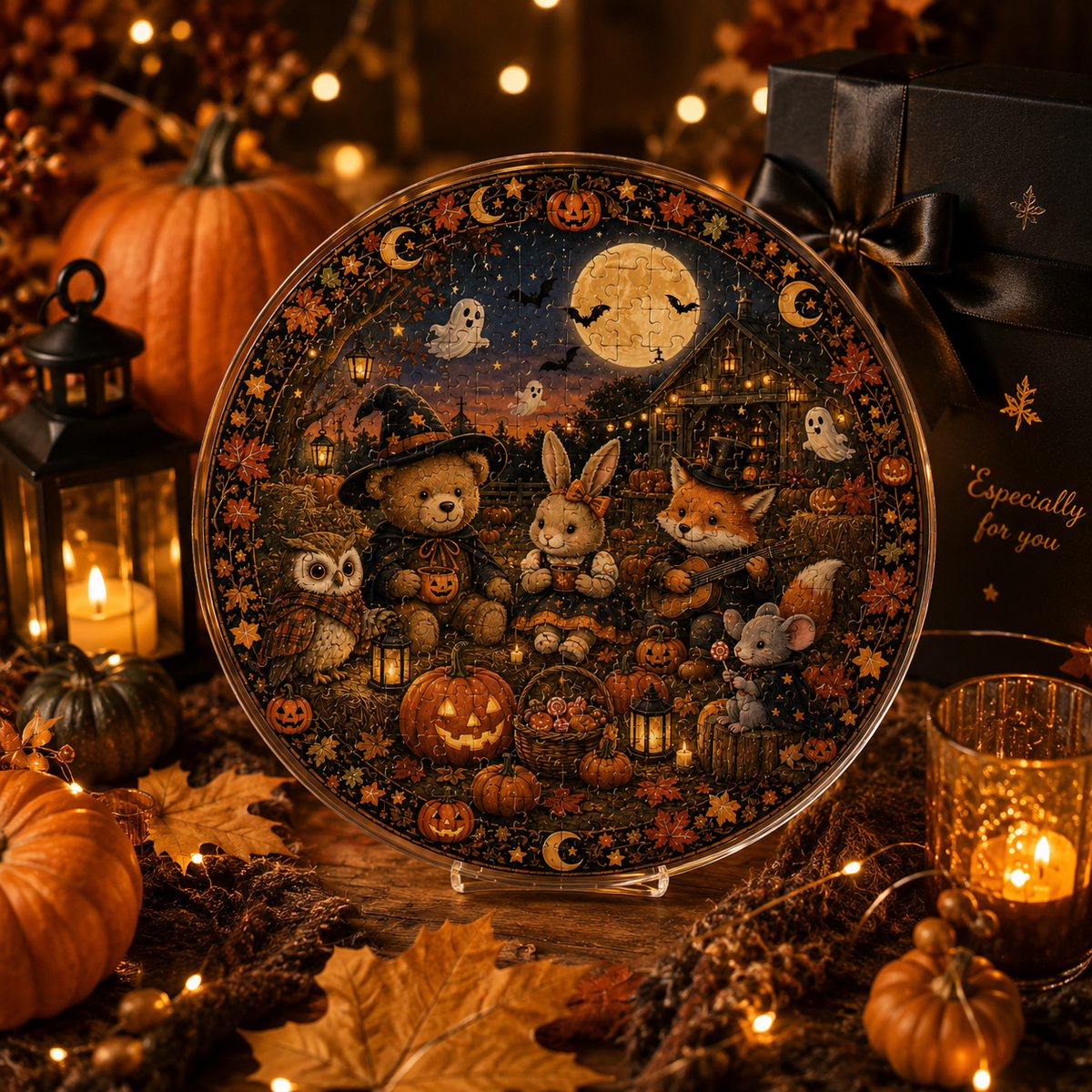 Halloween Acrylic Jigsaw Puzzle Suncatcher - Woodland Pumpkin Party