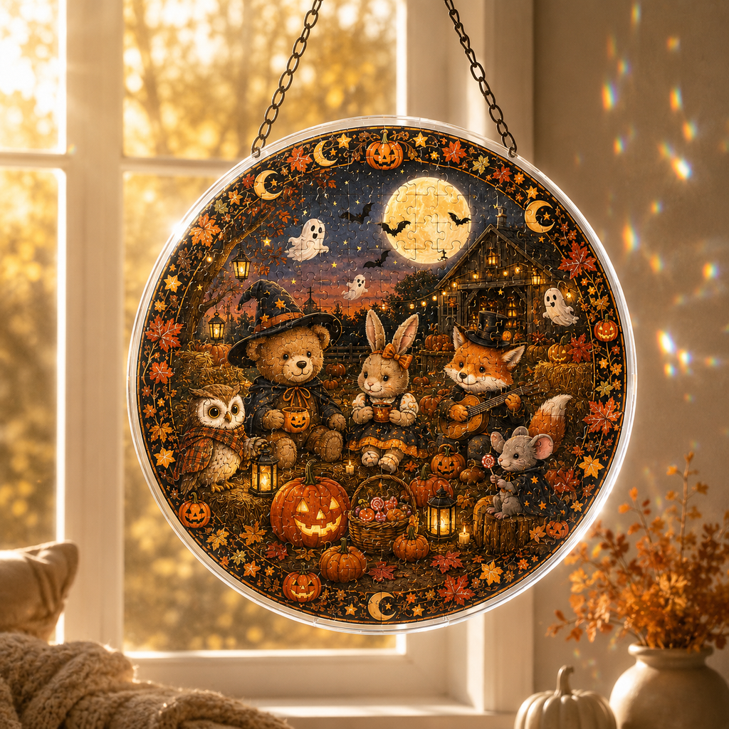 Halloween Acrylic Jigsaw Puzzle Suncatcher - Woodland Pumpkin Party