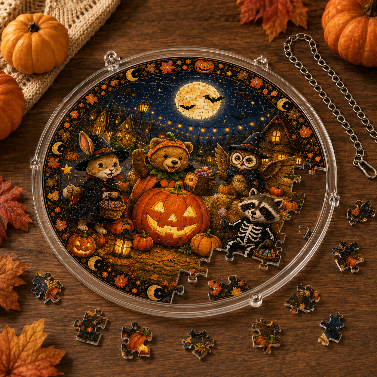 Halloween Acrylic Jigsaw Puzzle Suncatcher - Costume Animals Gathering