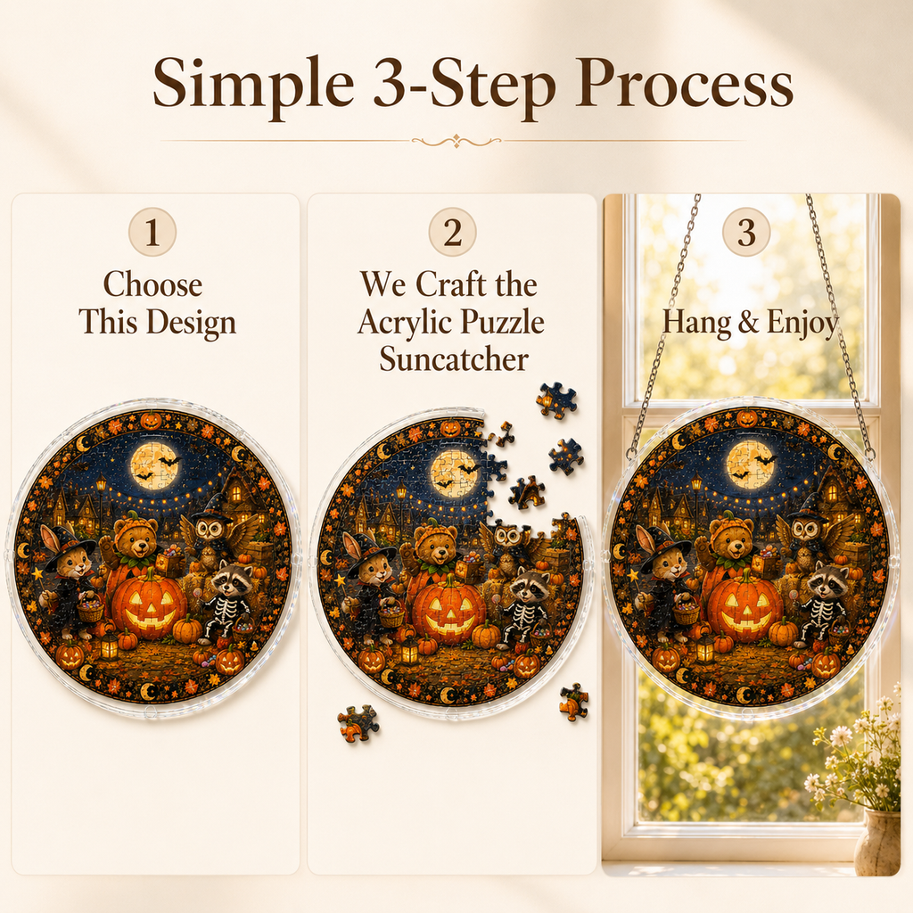 Halloween Acrylic Jigsaw Puzzle Suncatcher - Costume Animals Gathering
