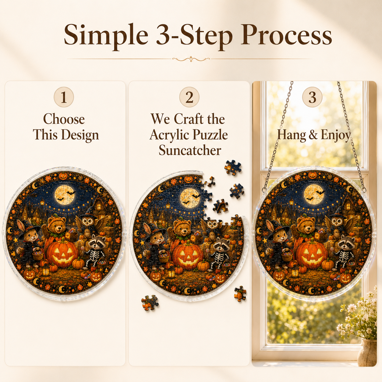 Halloween Acrylic Jigsaw Puzzle Suncatcher - Costume Animals Gathering