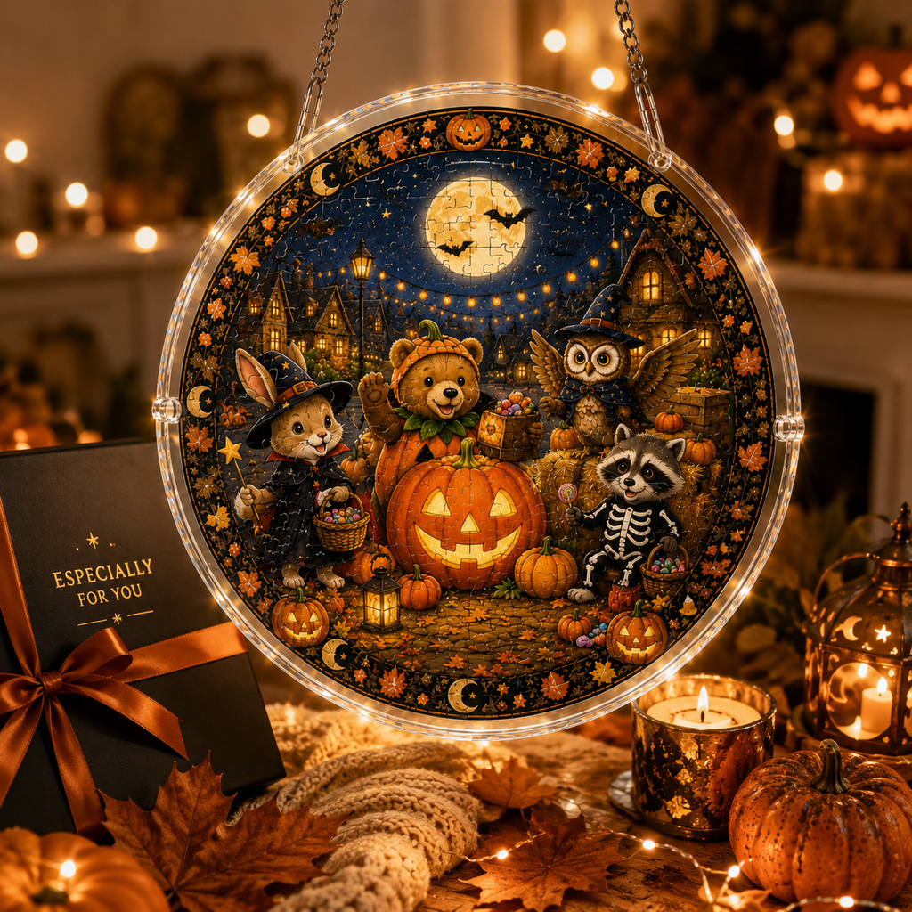 Halloween Acrylic Jigsaw Puzzle Suncatcher - Costume Animals Gathering