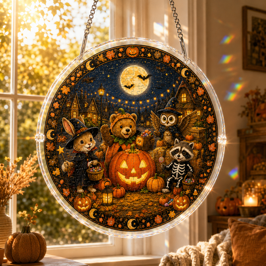 Halloween Acrylic Jigsaw Puzzle Suncatcher - Costume Animals Gathering
