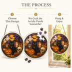 Halloween Acrylic Jigsaw Puzzle Suncatcher - Black Cat & Magic Potion