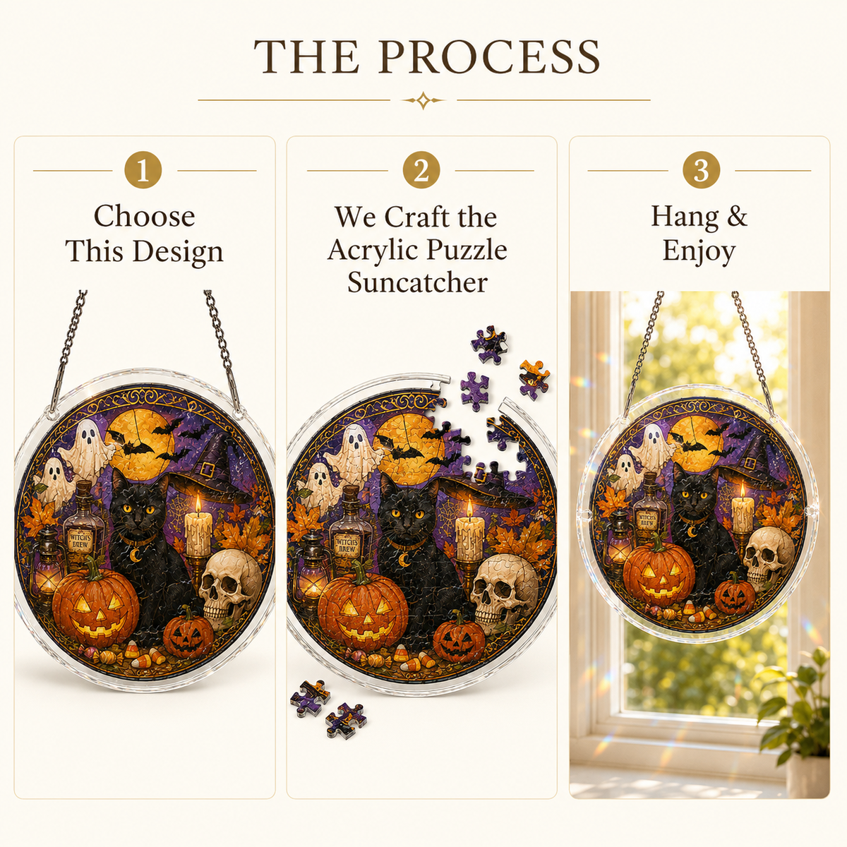 Halloween Acrylic Jigsaw Puzzle Suncatcher - Black Cat & Magic Potion