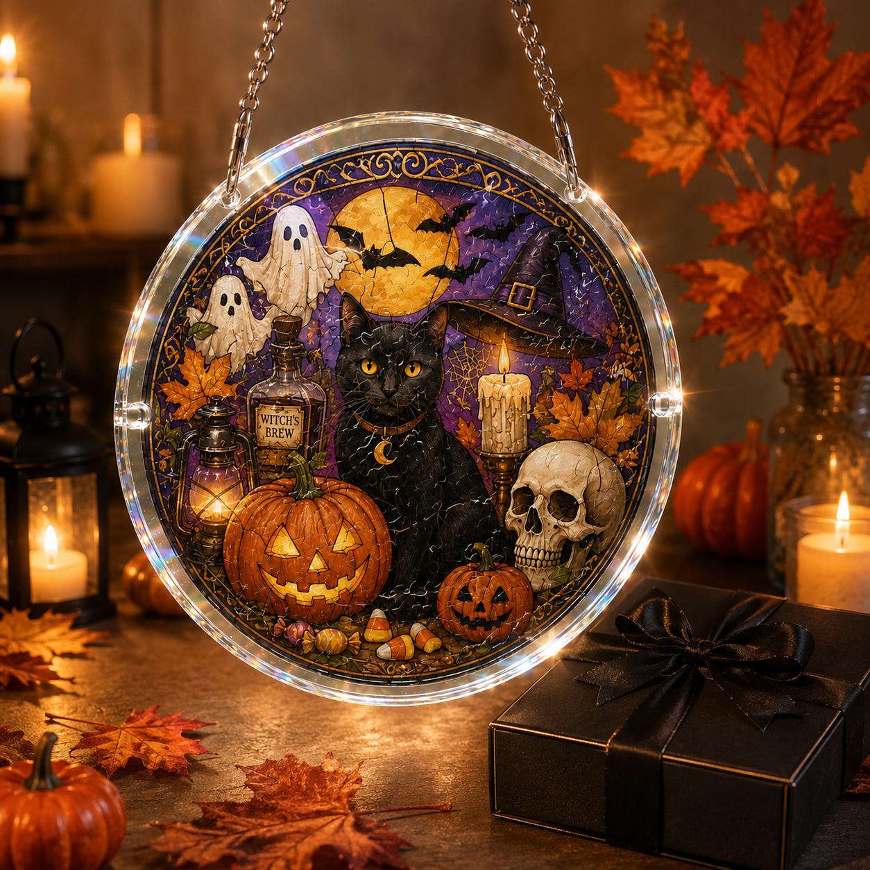Halloween Acrylic Jigsaw Puzzle Suncatcher - Black Cat & Magic Potion