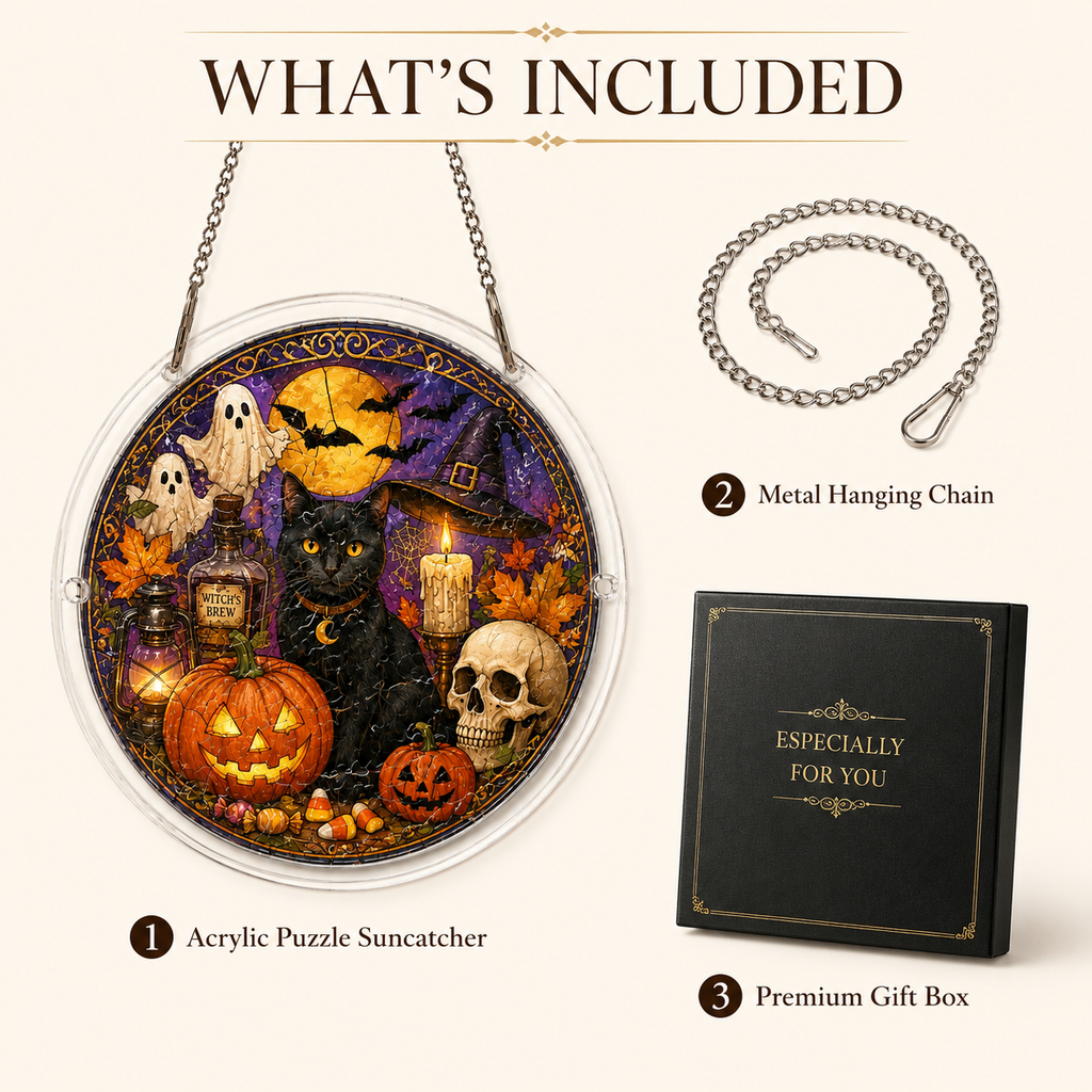 Halloween Acrylic Jigsaw Puzzle Suncatcher - Black Cat & Magic Potion