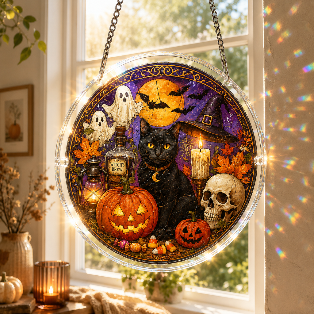 Halloween Acrylic Jigsaw Puzzle Suncatcher - Black Cat & Magic Potion