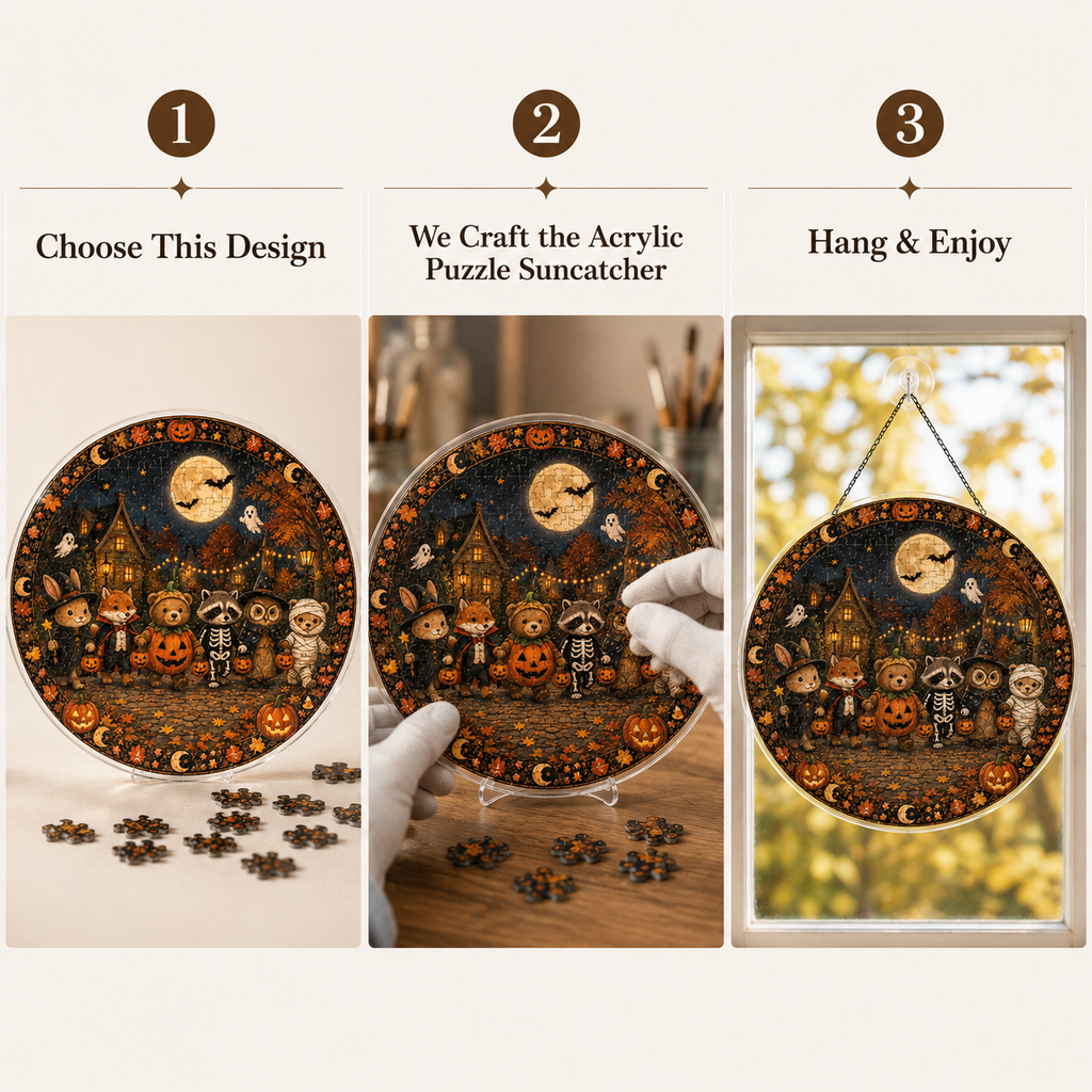 Halloween Acrylic Jigsaw Puzzle Suncatcher - Trick or Treat Animals