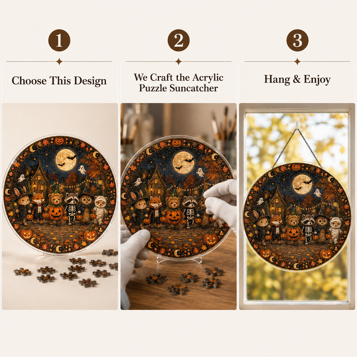 Halloween Acrylic Jigsaw Puzzle Suncatcher - Trick or Treat Animals