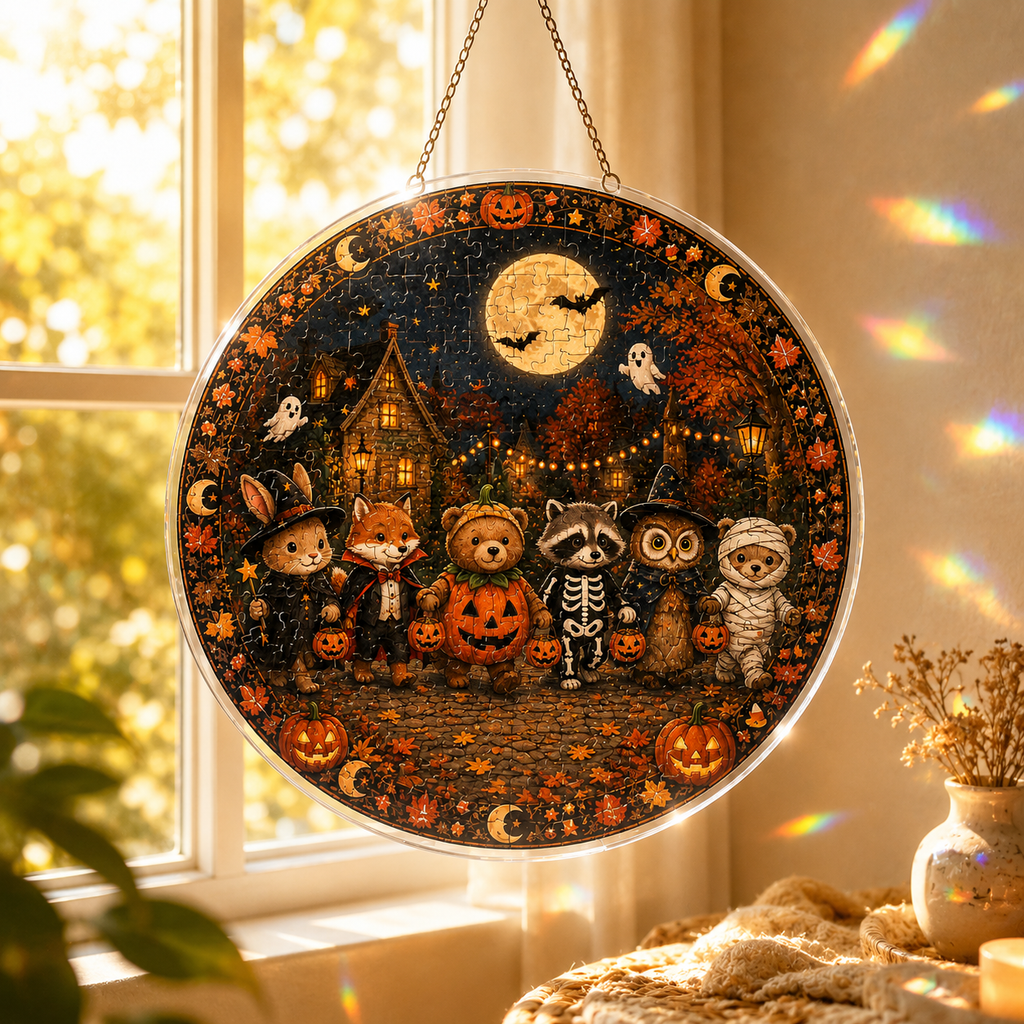 Halloween Acrylic Jigsaw Puzzle Suncatcher - Trick or Treat Animals