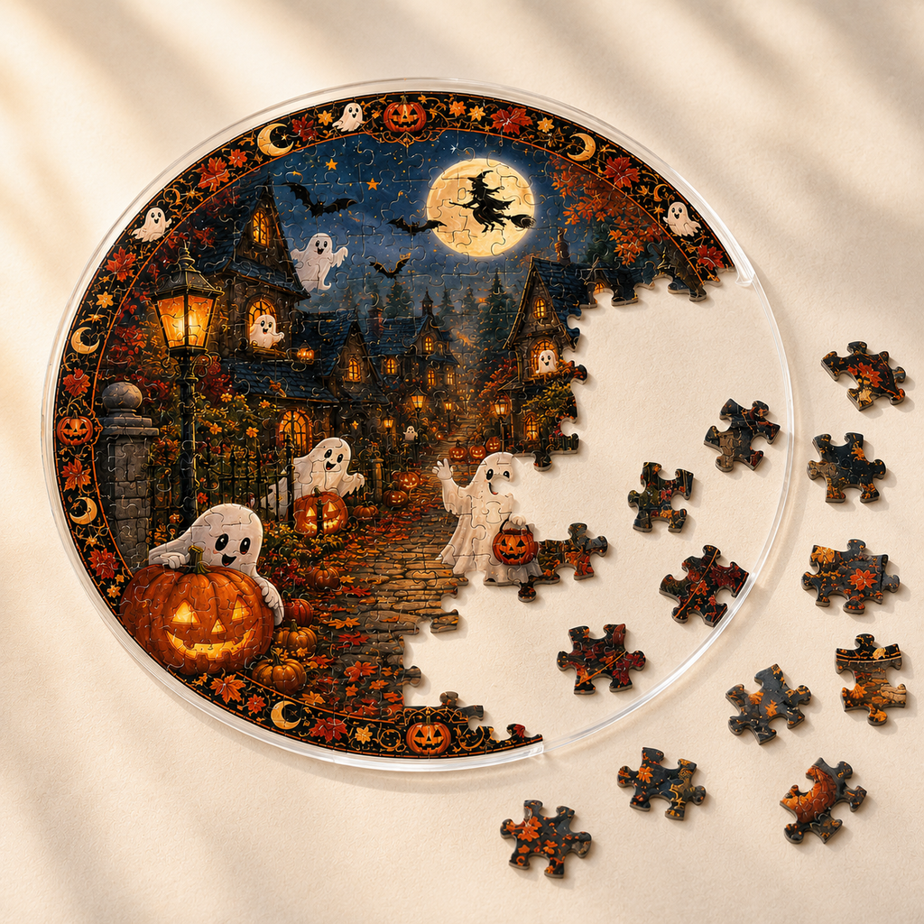 Halloween Acrylic Jigsaw Puzzle Suncatcher - Spooky Street Ghosts