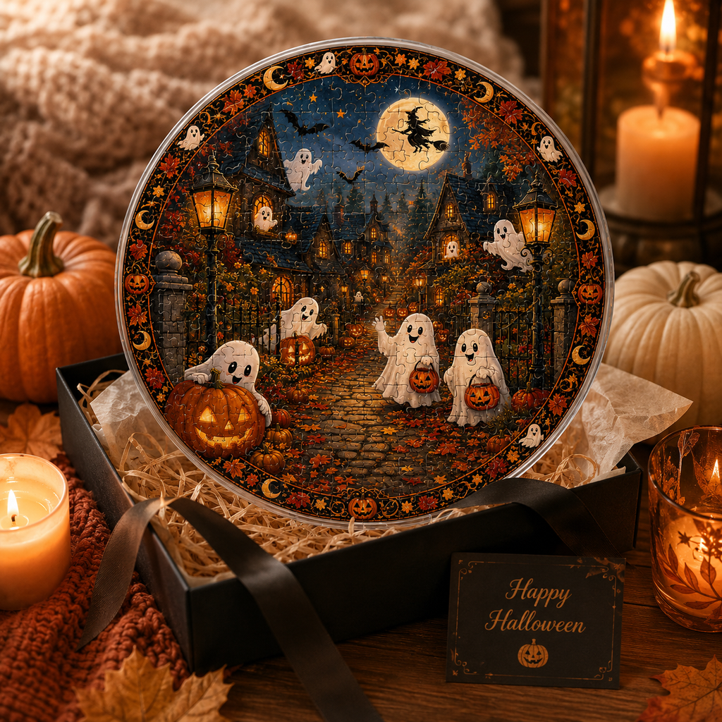 Halloween Acrylic Jigsaw Puzzle Suncatcher - Spooky Street Ghosts