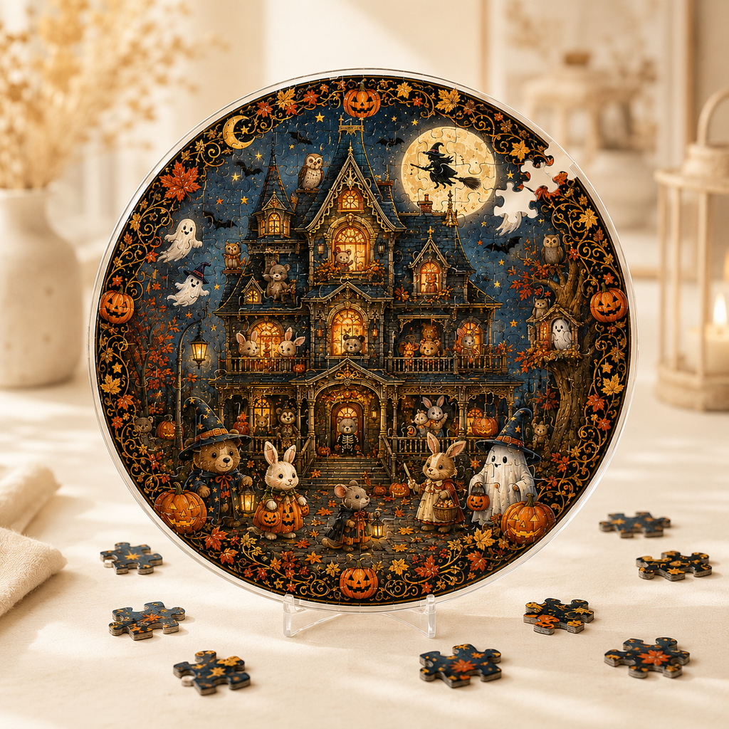 Halloween Acrylic Jigsaw Puzzle Suncatcher - Haunted House & Witch Fly