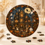 Halloween Acrylic Jigsaw Puzzle Suncatcher - Haunted House & Witch Fly