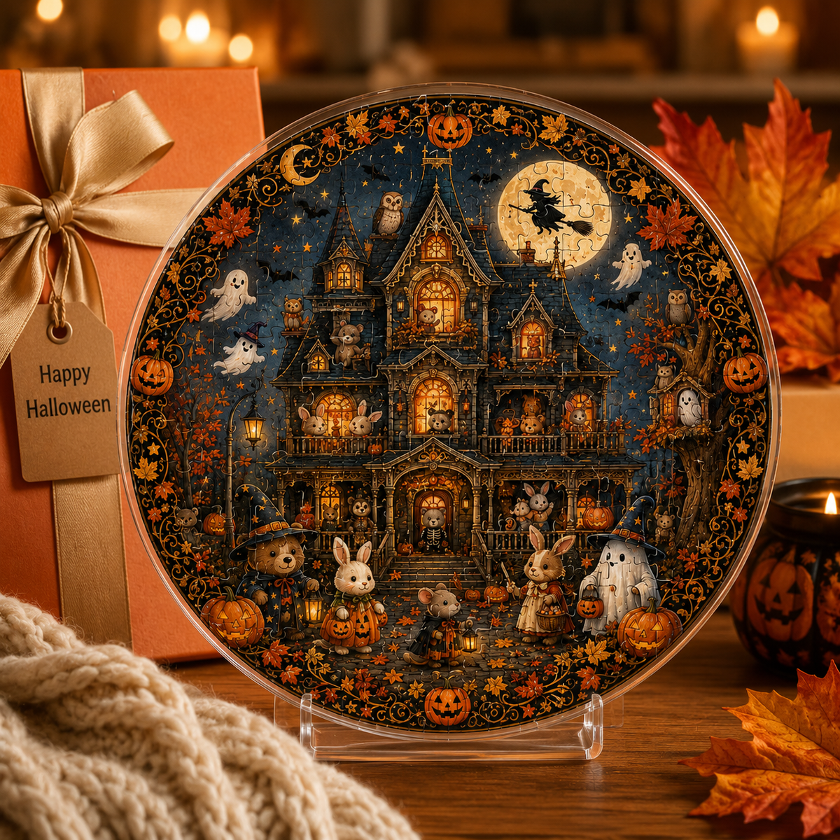 Halloween Acrylic Jigsaw Puzzle Suncatcher - Haunted House & Witch Fly