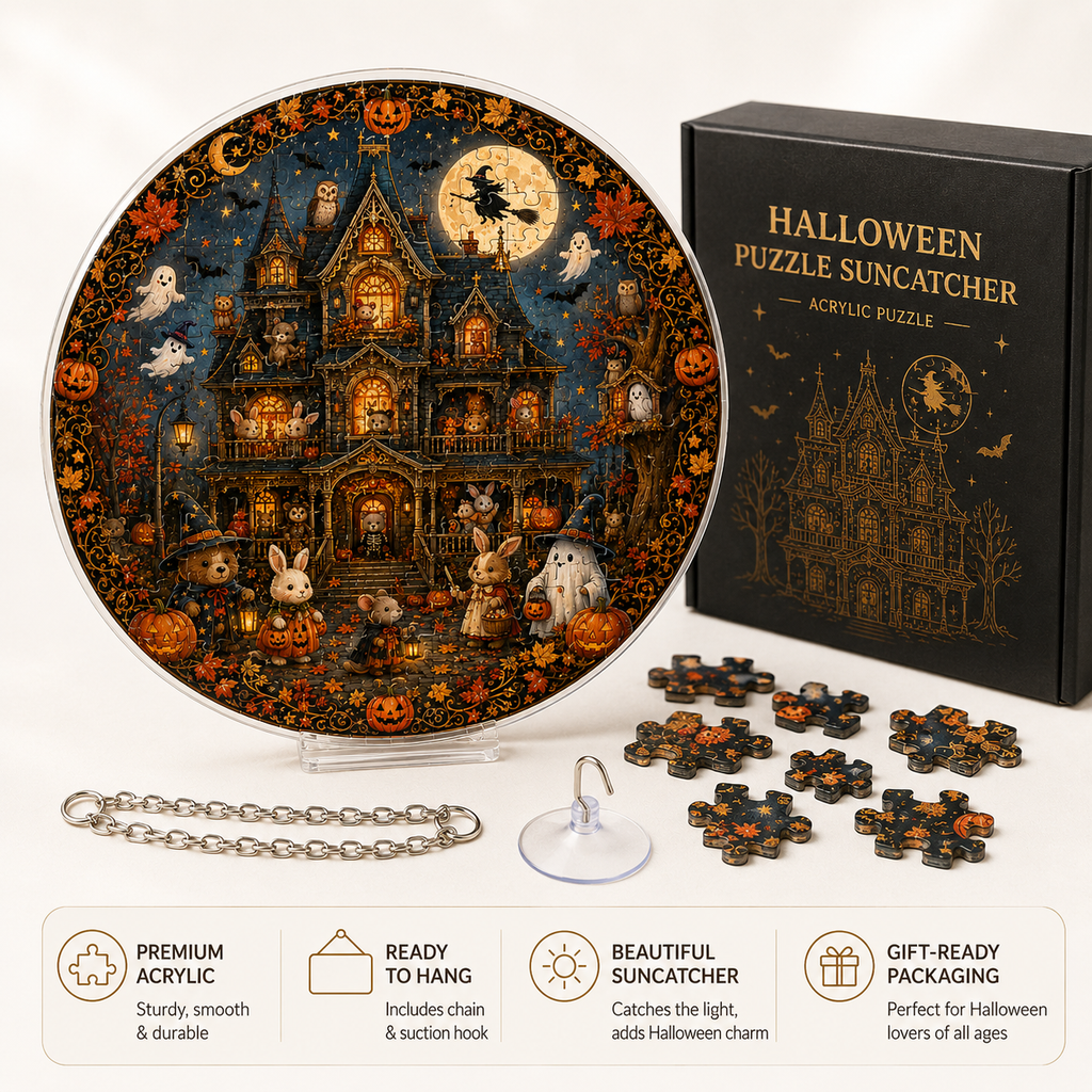 Halloween Acrylic Jigsaw Puzzle Suncatcher - Haunted House & Witch Fly