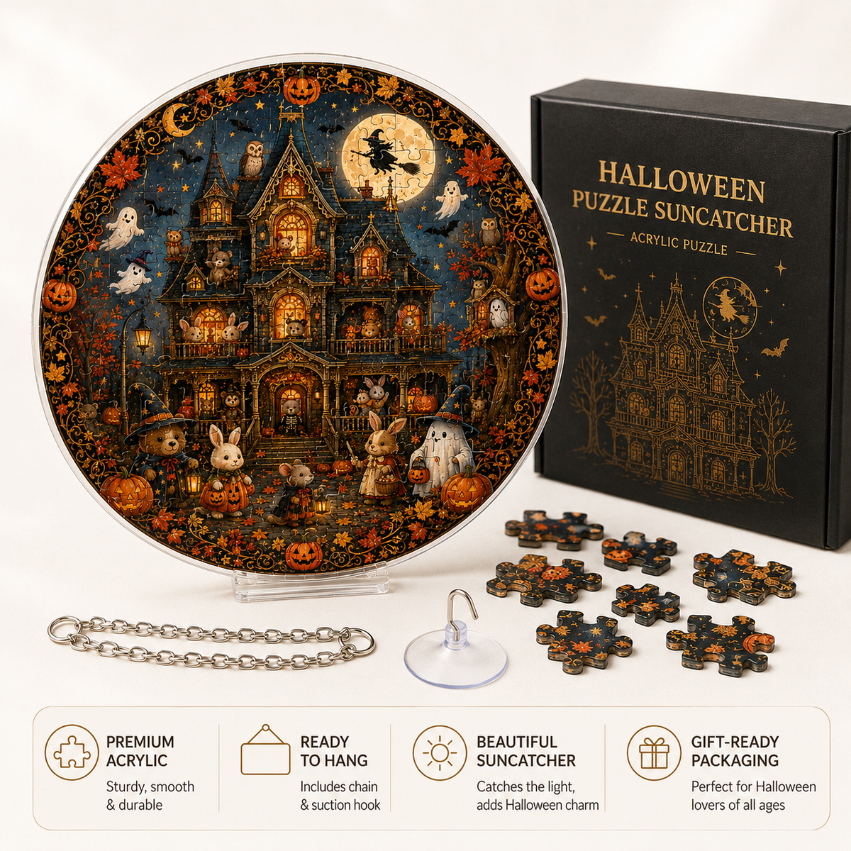Halloween Acrylic Jigsaw Puzzle Suncatcher - Haunted House & Witch Fly