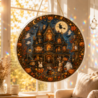 Halloween Acrylic Jigsaw Puzzle Suncatcher - Haunted House & Witch Fly