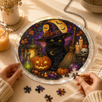 Halloween Acrylic Jigsaw Puzzle Suncatcher - Witch Cat & Purple Night