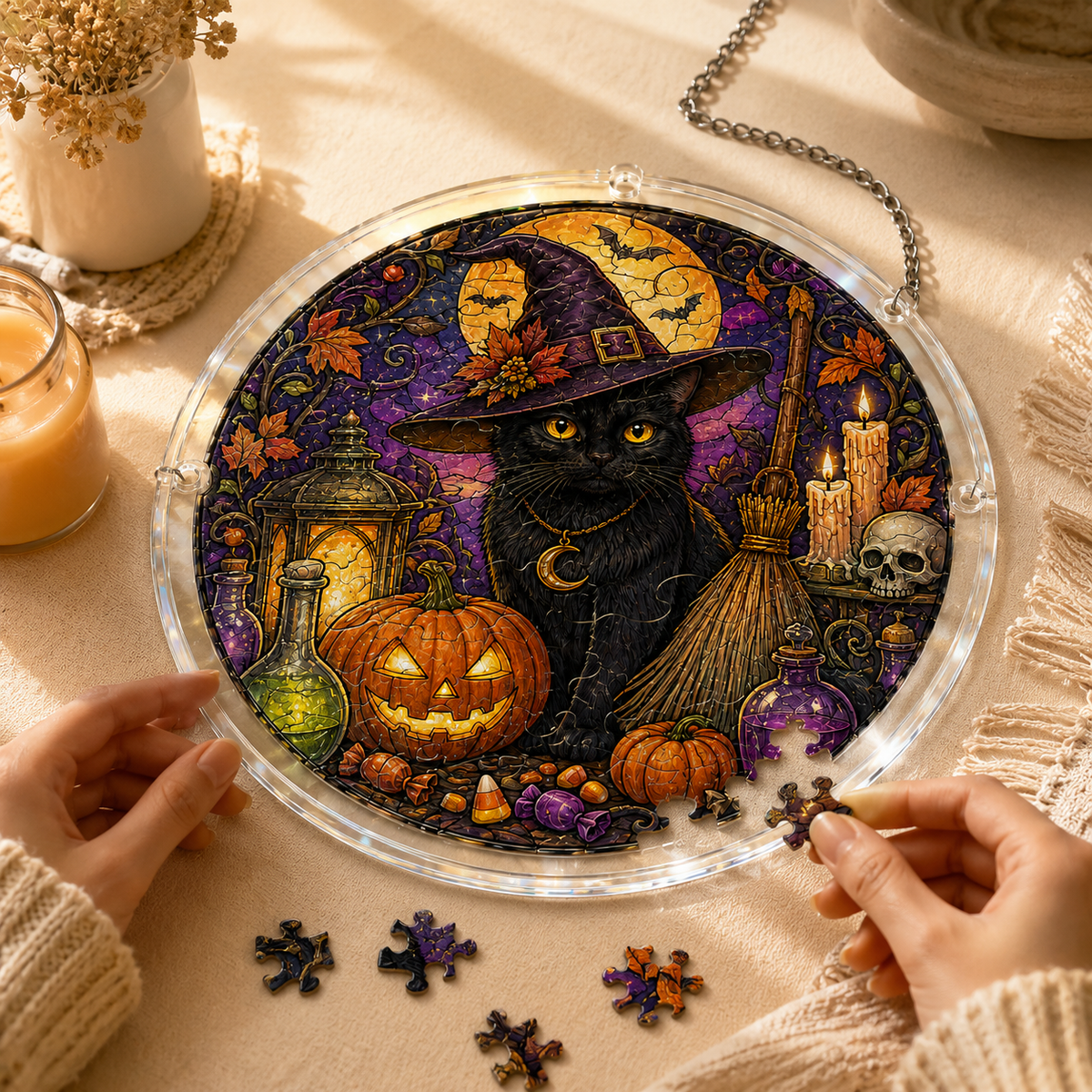 Halloween Acrylic Jigsaw Puzzle Suncatcher - Witch Cat & Purple Night