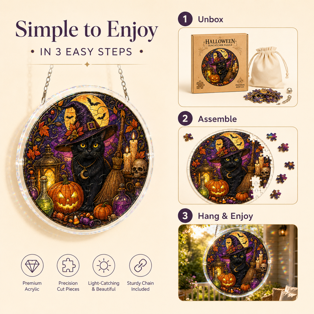 Halloween Acrylic Jigsaw Puzzle Suncatcher - Witch Cat & Purple Night