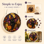 Halloween Acrylic Jigsaw Puzzle Suncatcher - Witch Cat & Purple Night