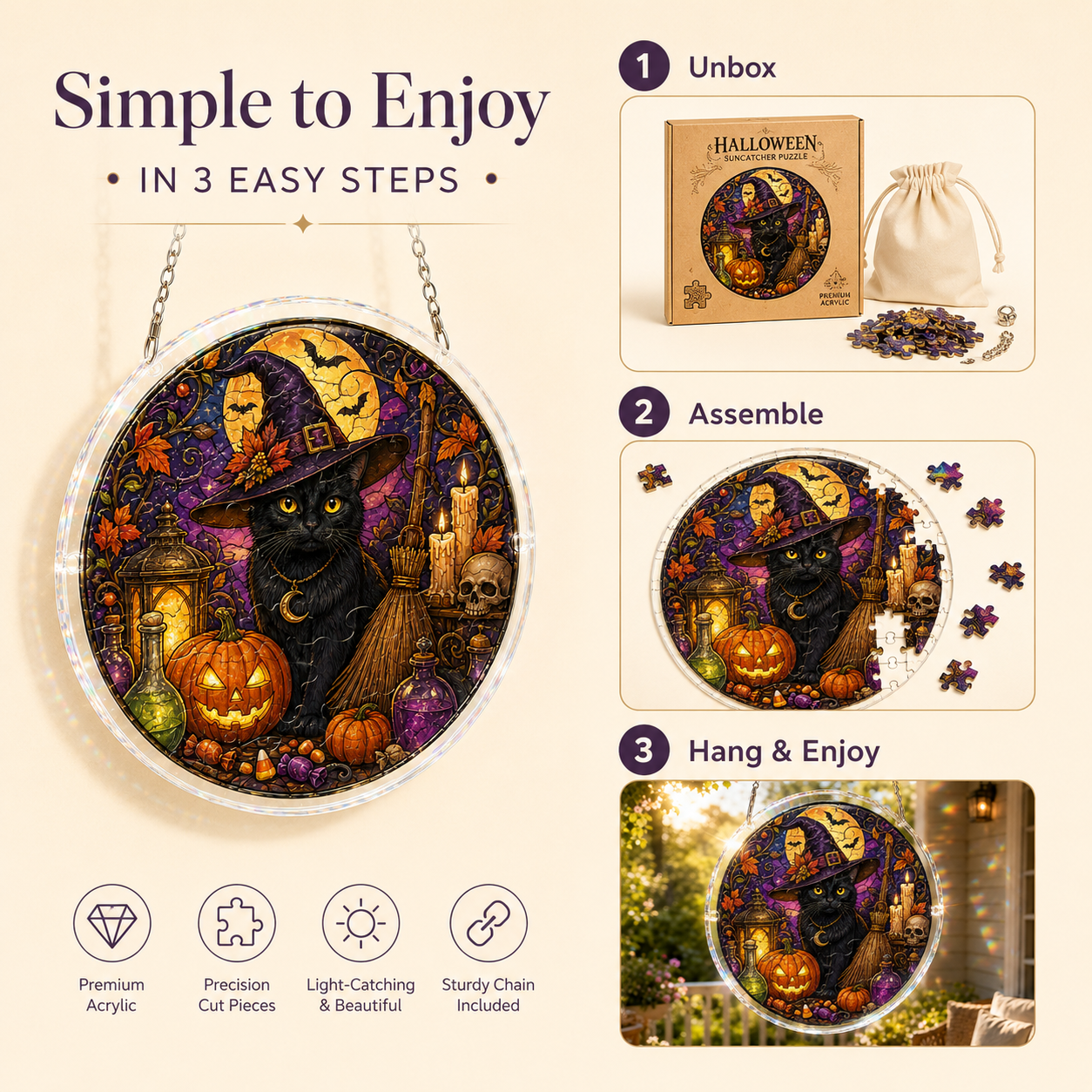 Halloween Acrylic Jigsaw Puzzle Suncatcher - Witch Cat & Purple Night