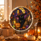 Halloween Acrylic Jigsaw Puzzle Suncatcher - Witch Cat & Purple Night