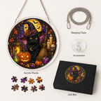 Halloween Acrylic Jigsaw Puzzle Suncatcher - Witch Cat & Purple Night