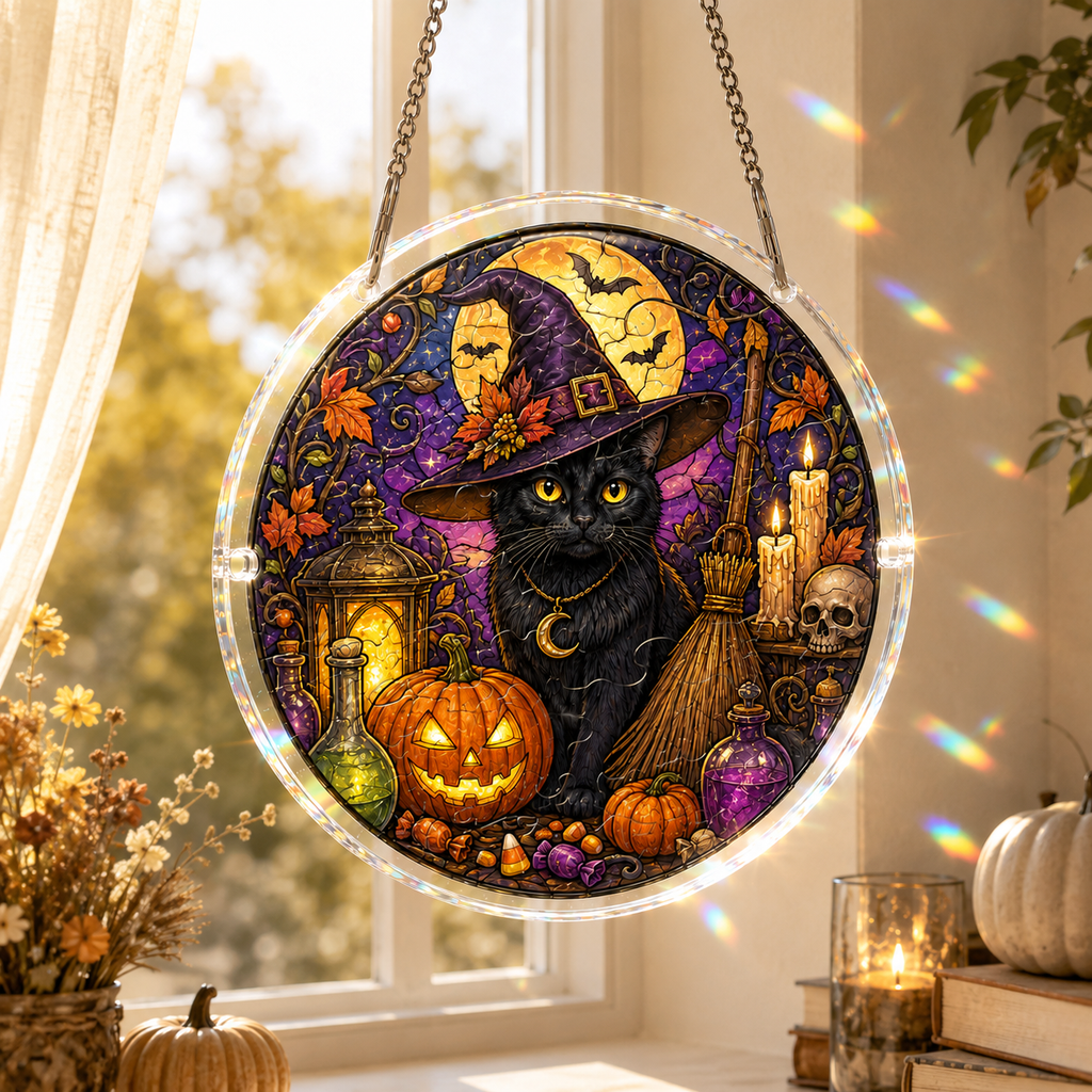 Halloween Acrylic Jigsaw Puzzle Suncatcher - Witch Cat & Purple Night