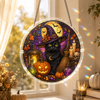 Halloween Acrylic Jigsaw Puzzle Suncatcher - Witch Cat & Purple Night