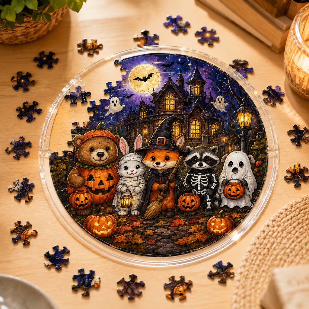 Halloween Acrylic Jigsaw Puzzle Suncatcher - Spooky Friends & Haunted Castle
