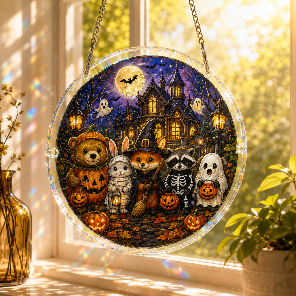 Halloween Acrylic Jigsaw Puzzle Suncatcher - Spooky Friends & Haunted Castle