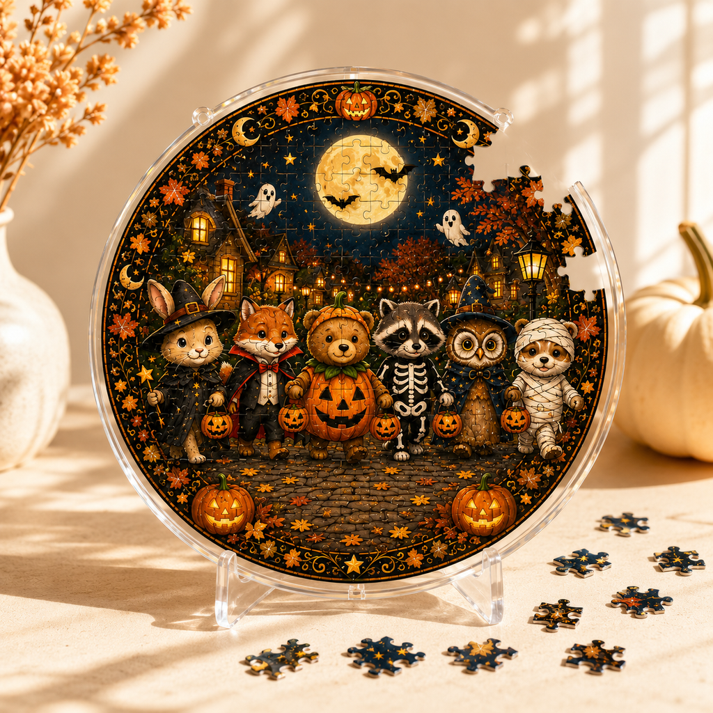 Halloween Acrylic Jigsaw Puzzle Suncatcher - Costume Critters Gathering