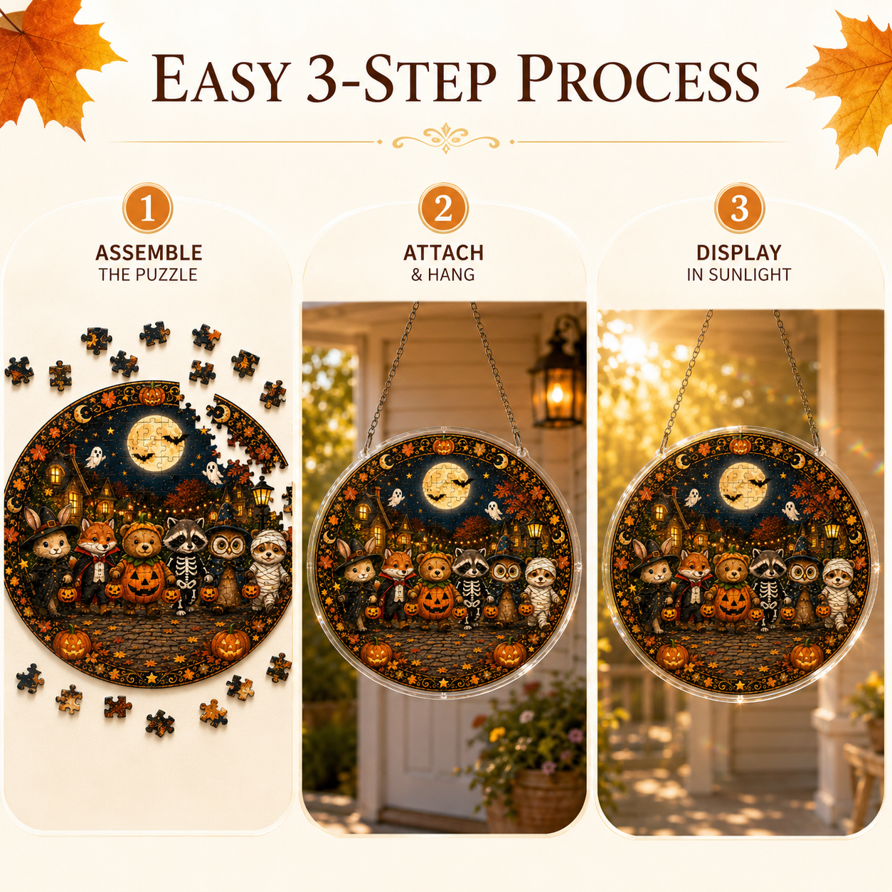 Halloween Acrylic Jigsaw Puzzle Suncatcher - Costume Critters Gathering