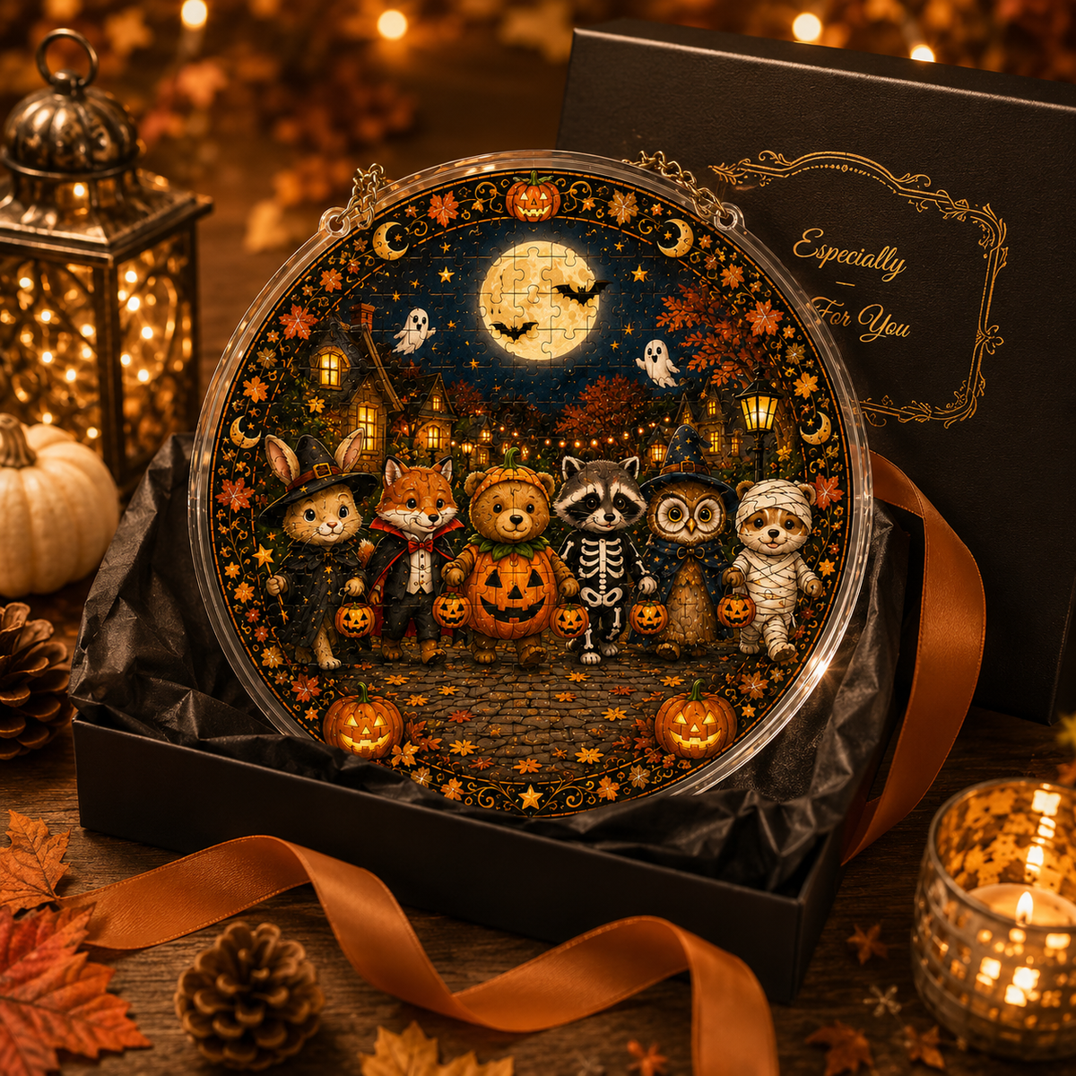 Halloween Acrylic Jigsaw Puzzle Suncatcher - Costume Critters Gathering
