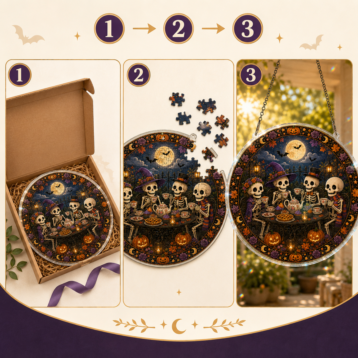 Halloween Acrylic Jigsaw Puzzle Suncatcher - Skeleton Tea Party