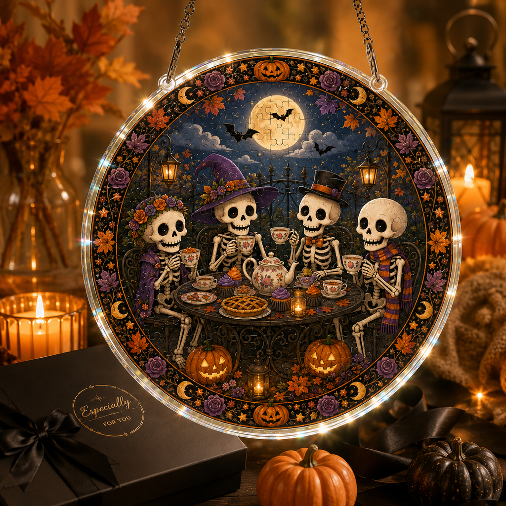 Halloween Acrylic Jigsaw Puzzle Suncatcher - Skeleton Tea Party