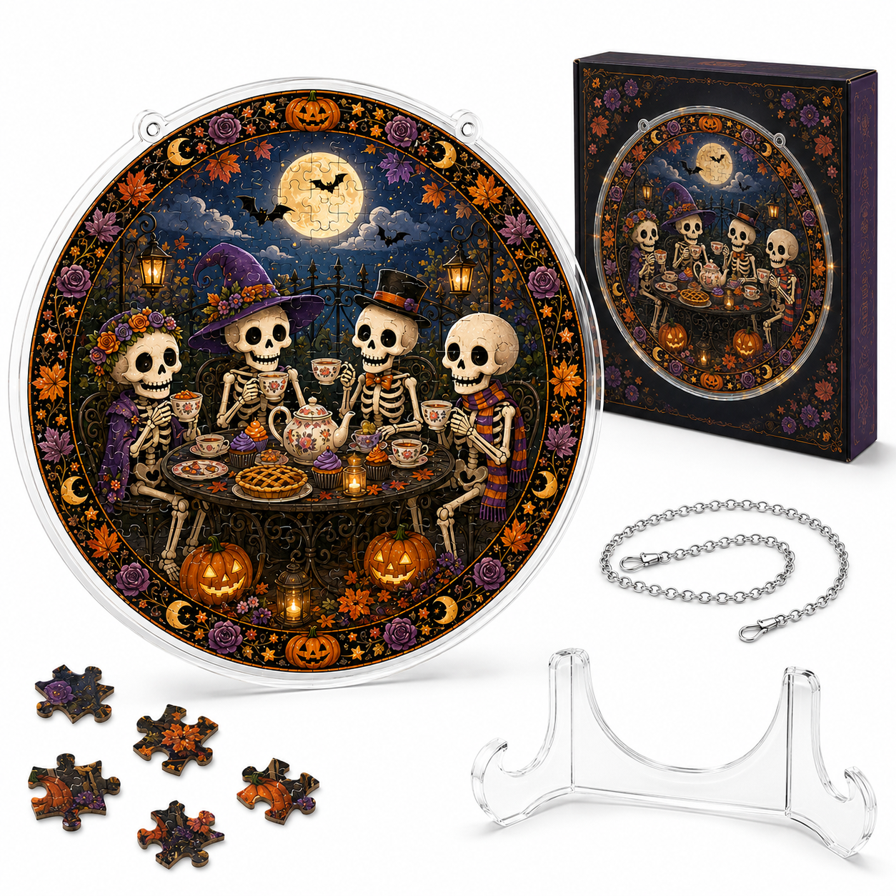 Halloween Acrylic Jigsaw Puzzle Suncatcher - Skeleton Tea Party