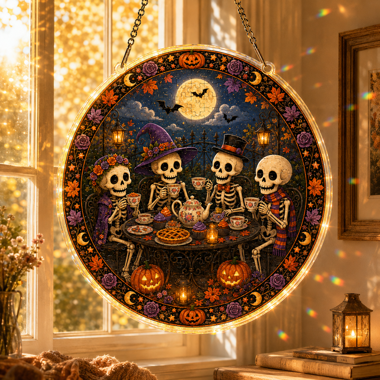 Halloween Acrylic Jigsaw Puzzle Suncatcher - Skeleton Tea Party