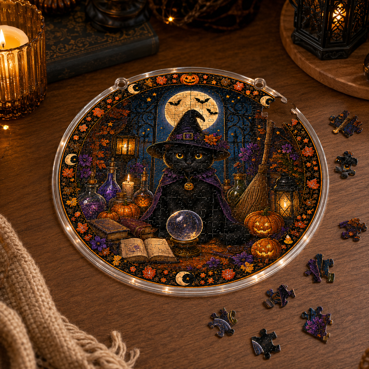 Halloween Acrylic Jigsaw Puzzle Suncatcher - Wizard Cat & Crystal Ball