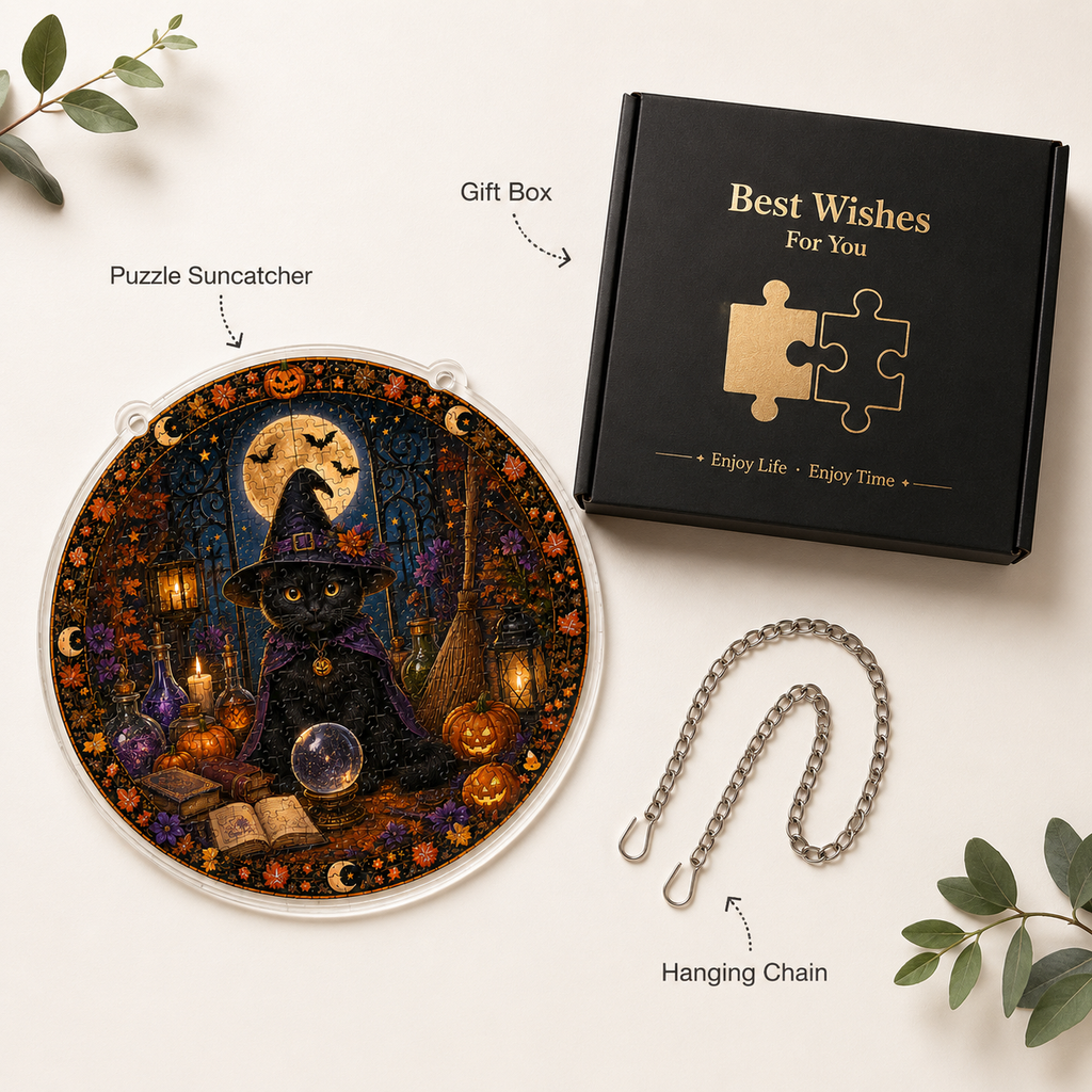 Halloween Acrylic Jigsaw Puzzle Suncatcher - Wizard Cat & Crystal Ball