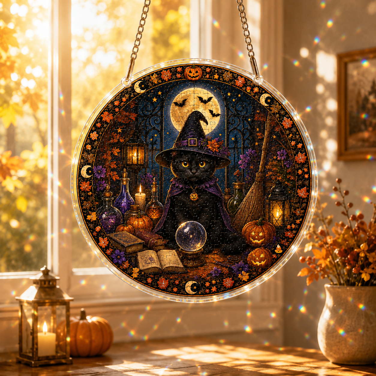 Halloween Acrylic Jigsaw Puzzle Suncatcher - Wizard Cat & Crystal Ball